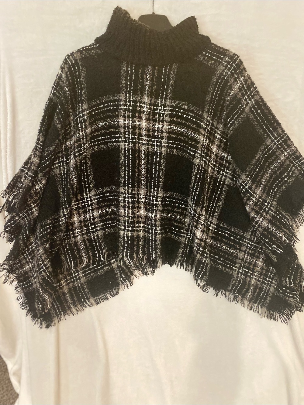 Unbranded Black White Plaid Turtleneck Fringe Poncho OS